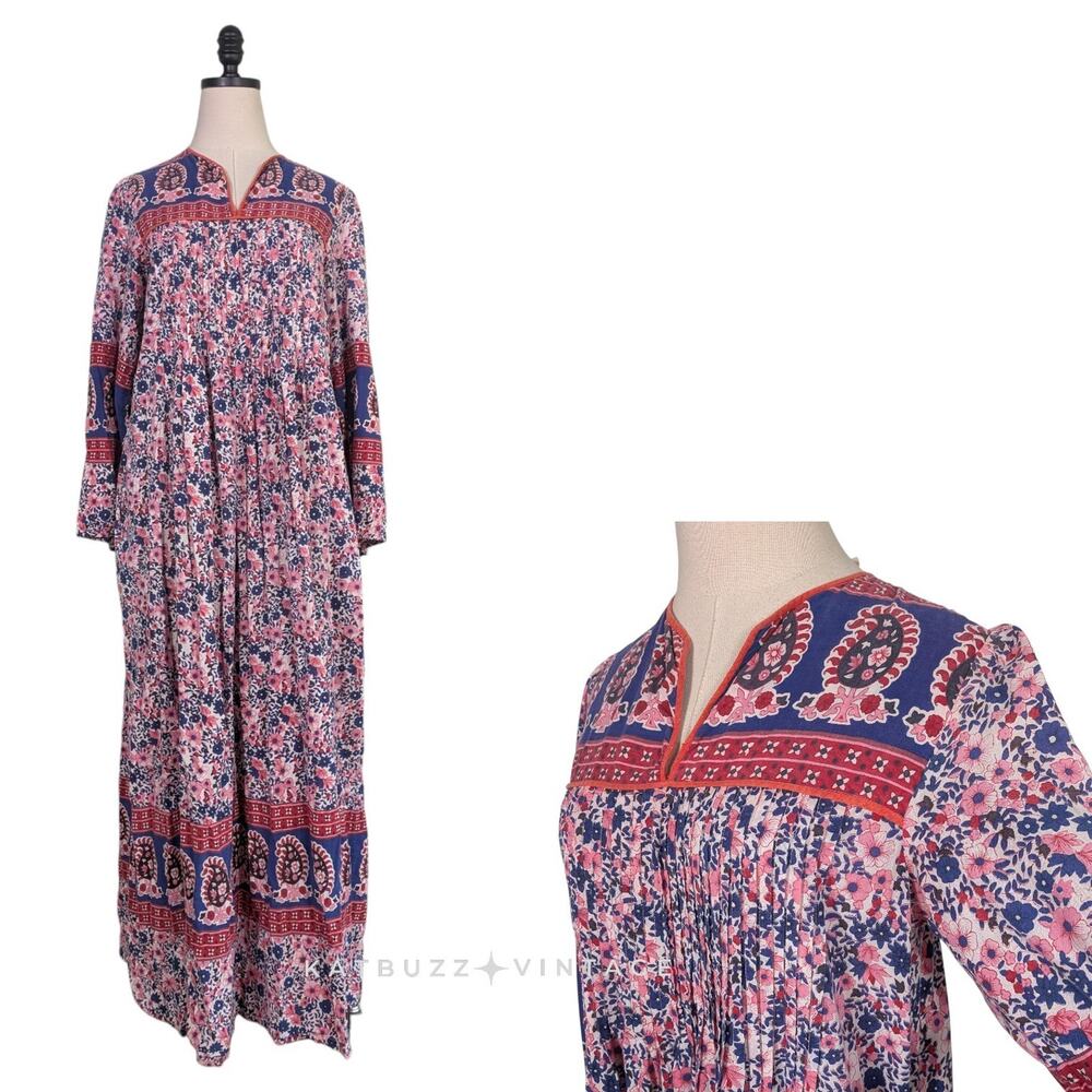 Vintage Indian Cotton Maxi Dress M Red Blue Floral Long Sleeve Boho Hippie 70s